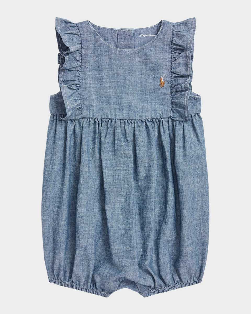 Girl's Chambray Ruffle-Trim Bubble Romper, Size 3M-24
